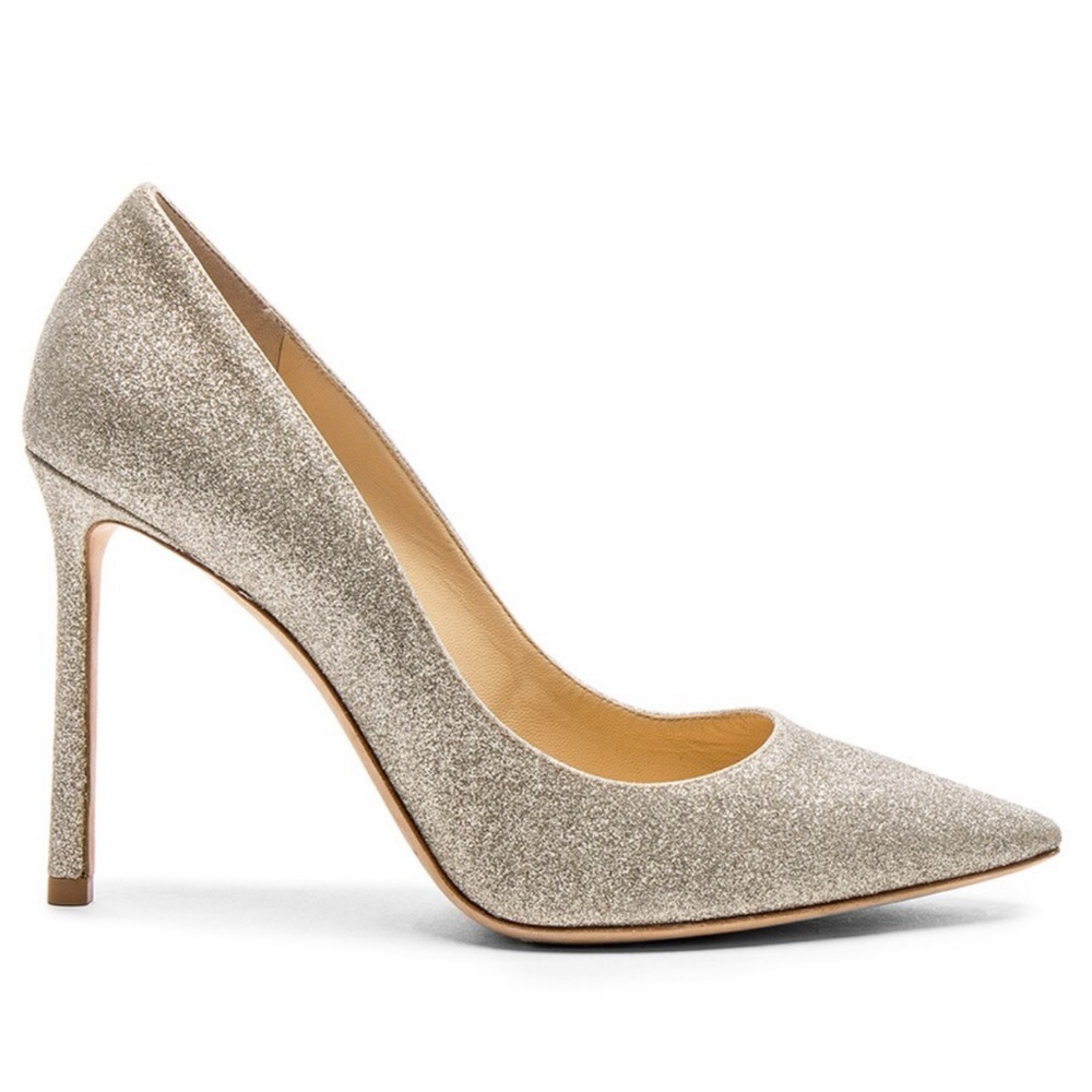 Jimmy Choo Romy 100 Dusty Glitter Gold Pumps